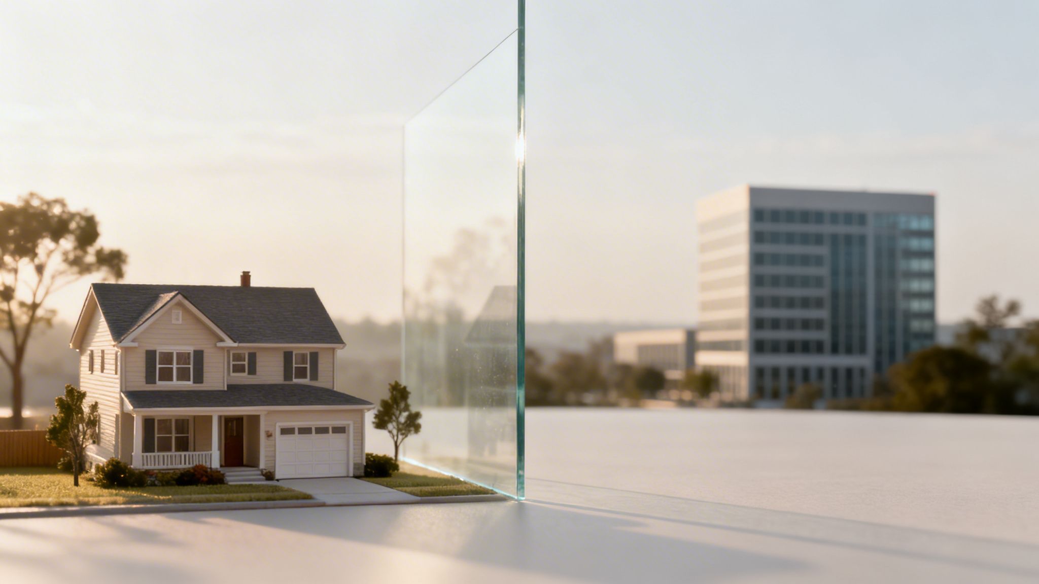 Can Liquidators Take Your House in 2026? 2 A miniature house and a clear glass panel separating it from a blurred office building.