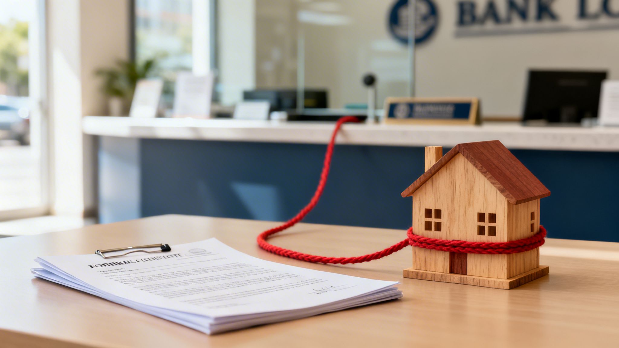 Can Liquidators Take Your House in 2026? 4 A wooden model house with a red rope, financial documents, and a blurry bank lobby in the background.