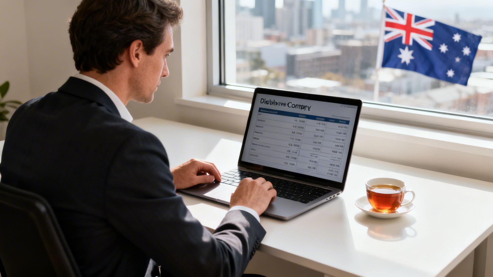 Your Guide to Dissolve a Company in Australia for 2026 3 A businessman in a suit works on a laptop with a financial report, next to an Australian flag.