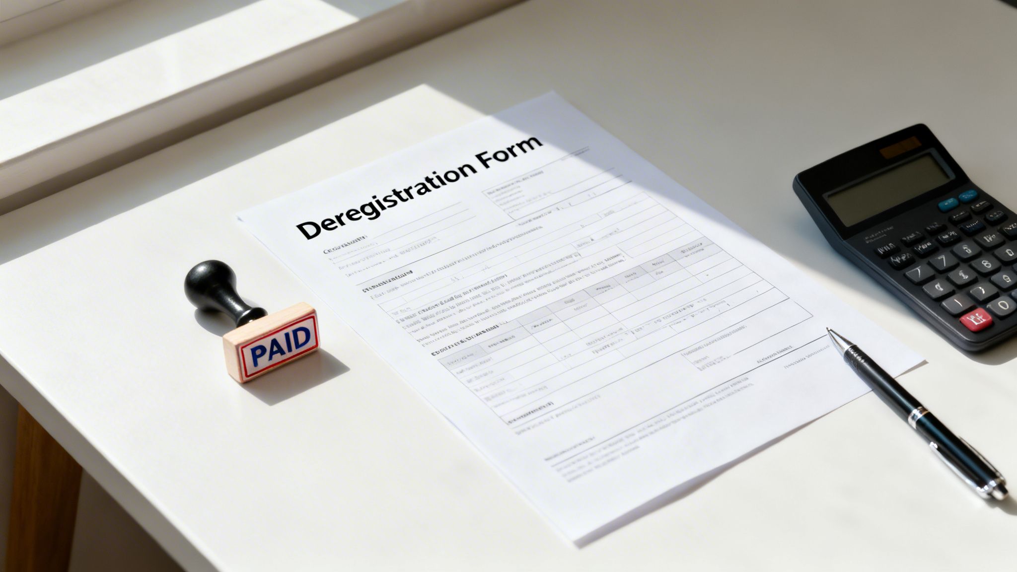 Your Guide to Dissolve a Company in Australia for 2026 4 A deregistration form, a 'PAID' stamp, calculator, and pen on a clean white desk.