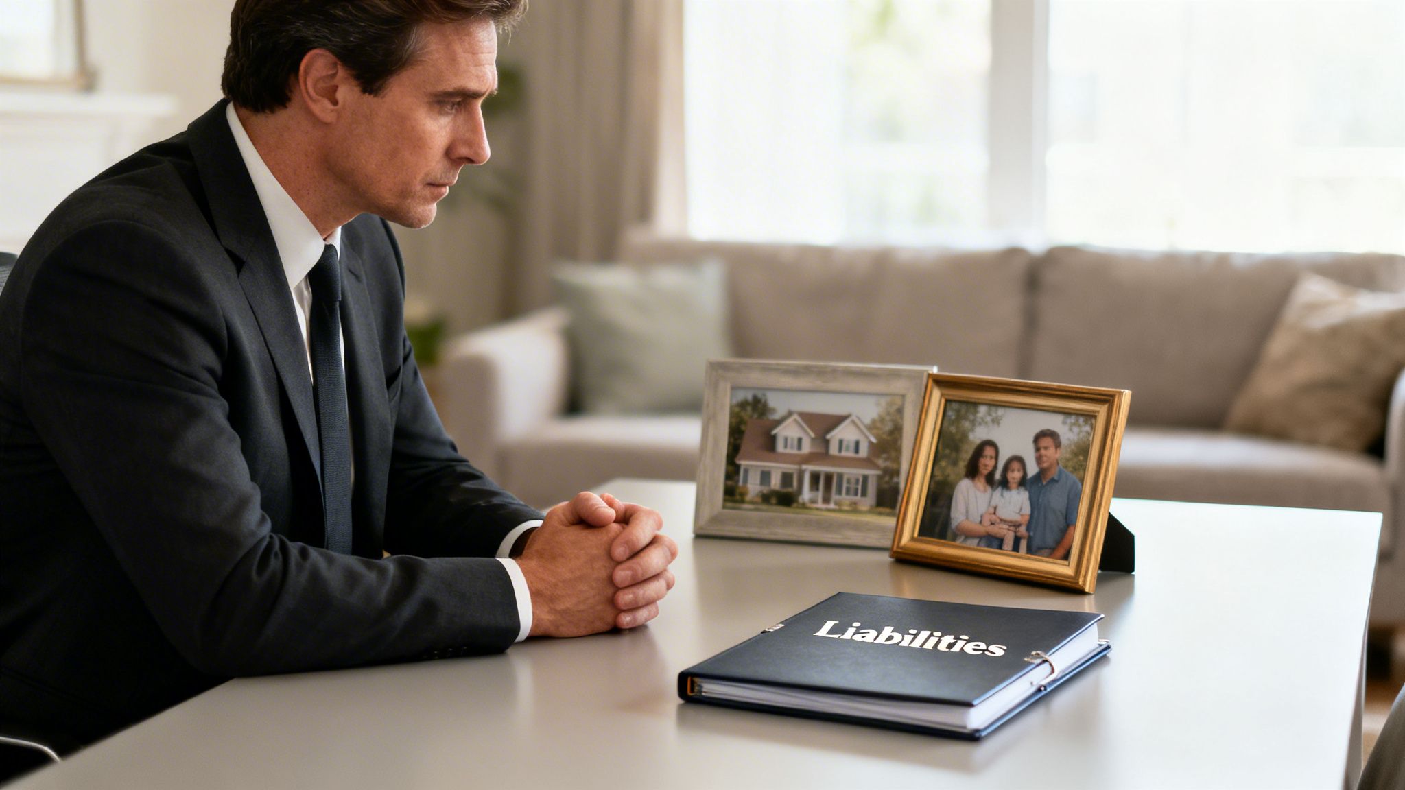 Your Guide to Dissolve a Company in Australia for 2026 5 A man in a suit looks somberly at a 'Liabilities' binder, family photo, and house photo.