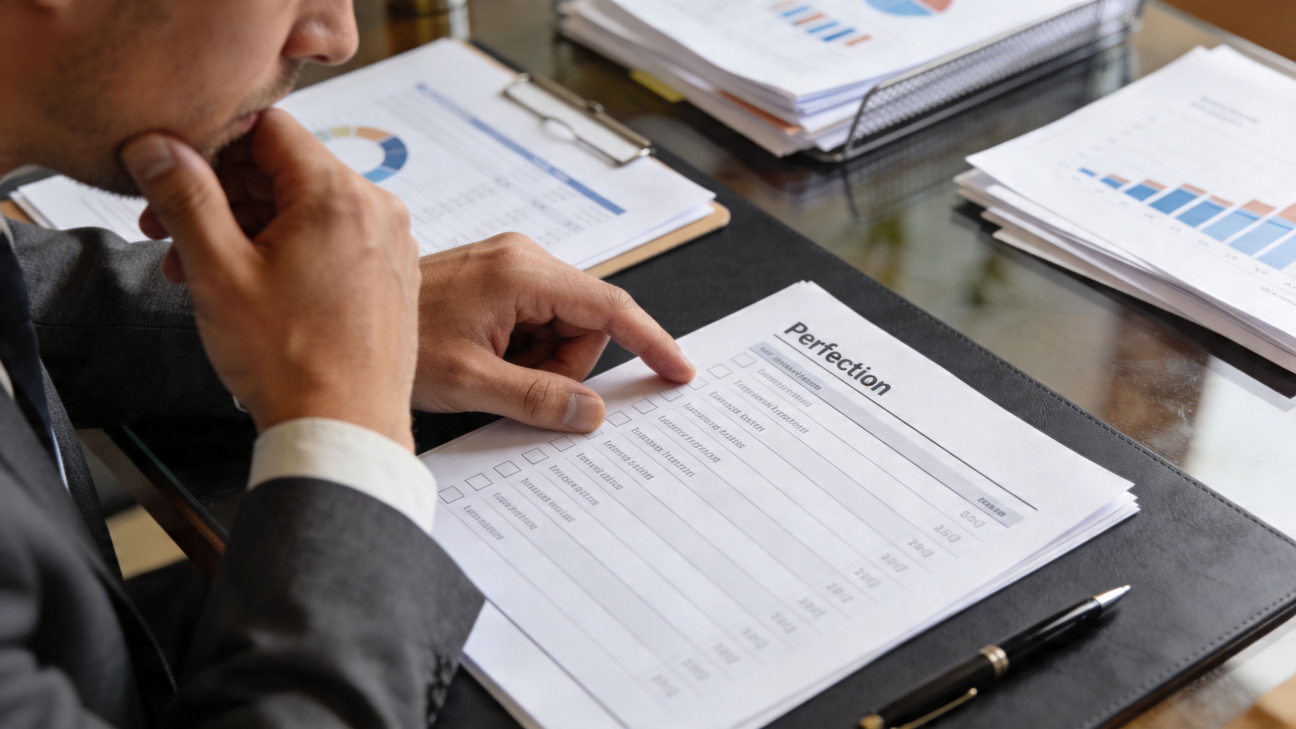 A businessman in a suit reviewing a document titled Perfection while seated at his office desk.
