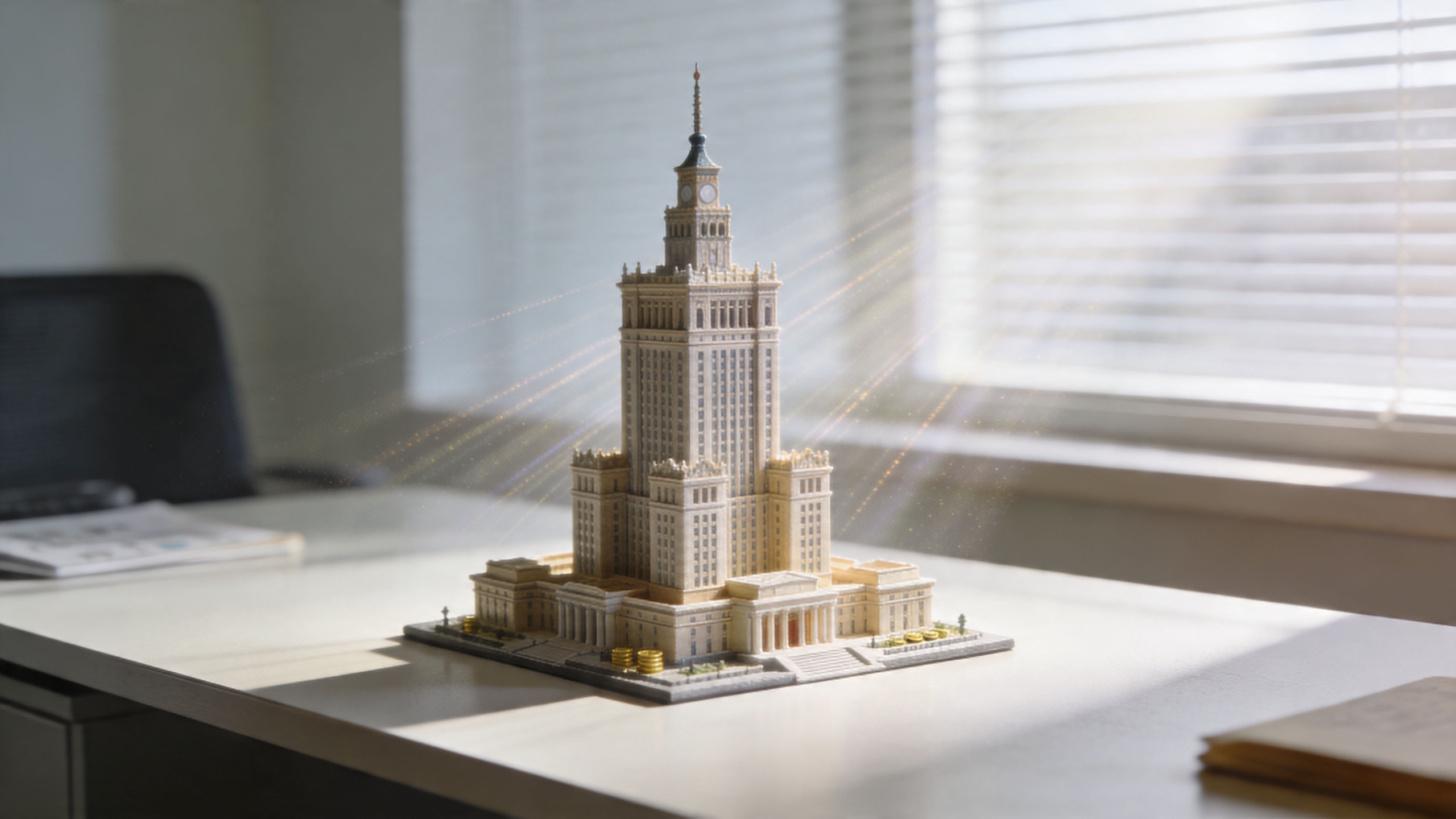 A miniature model of the Palace of Culture and Science in Warsaw glowing on an office desk.