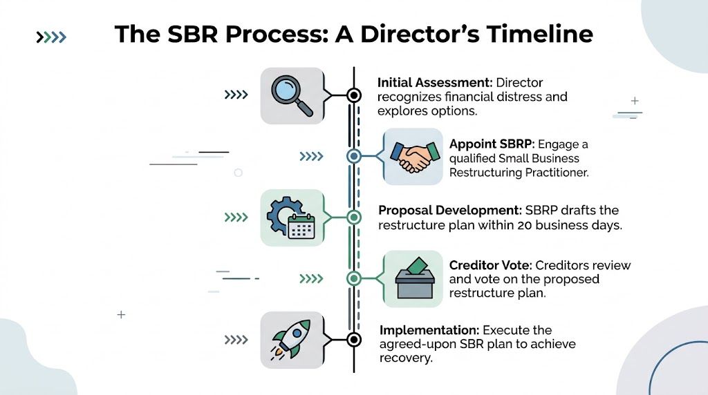 A timeline graphic showing the five steps of the Small Business Restructuring (SBR) process for company directors.