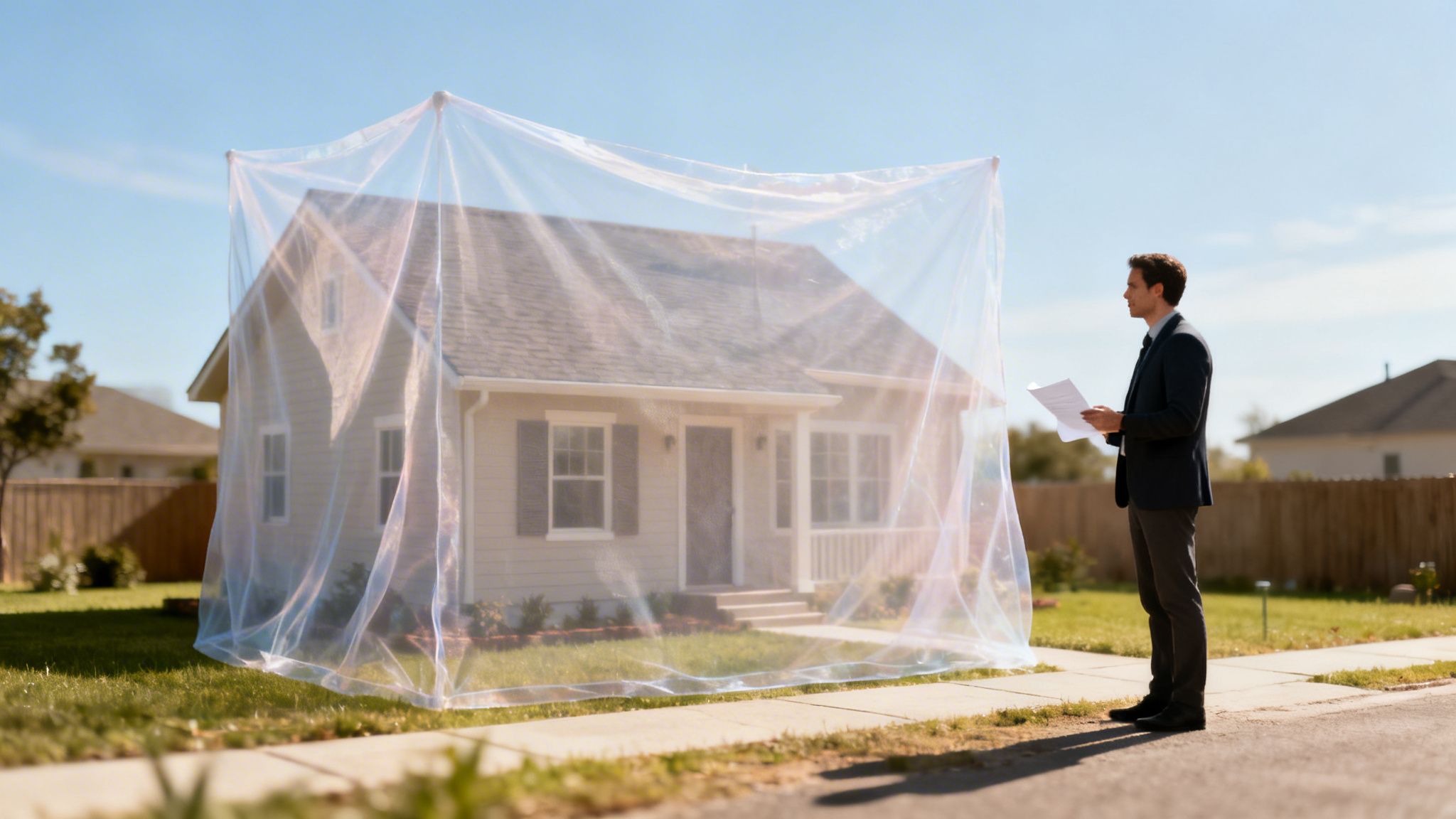 A professional inspects a house covered in a white protective net on a sunny day.