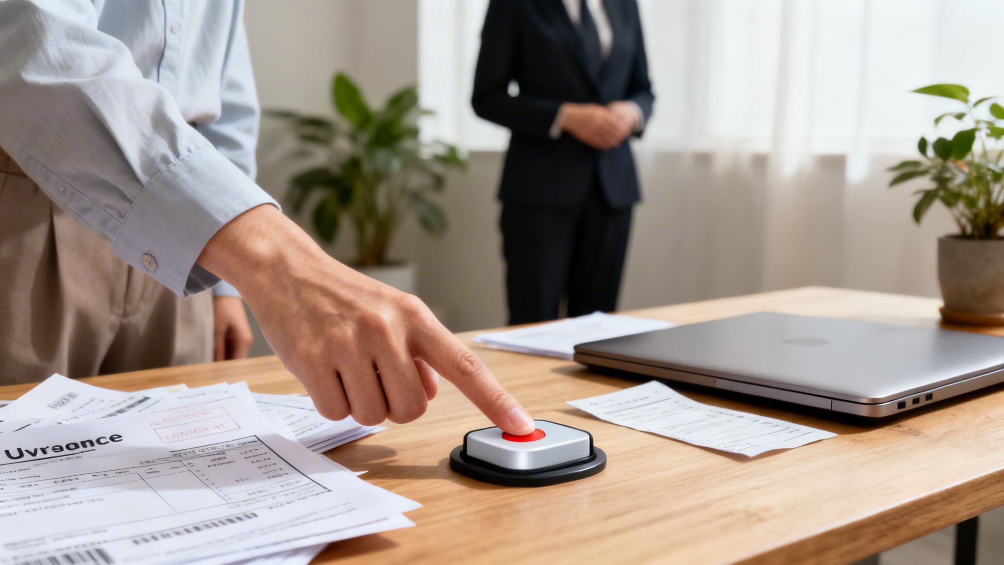 A person's hand presses a red button on a wooden desk with documents and a laptop, another person in suit in background.